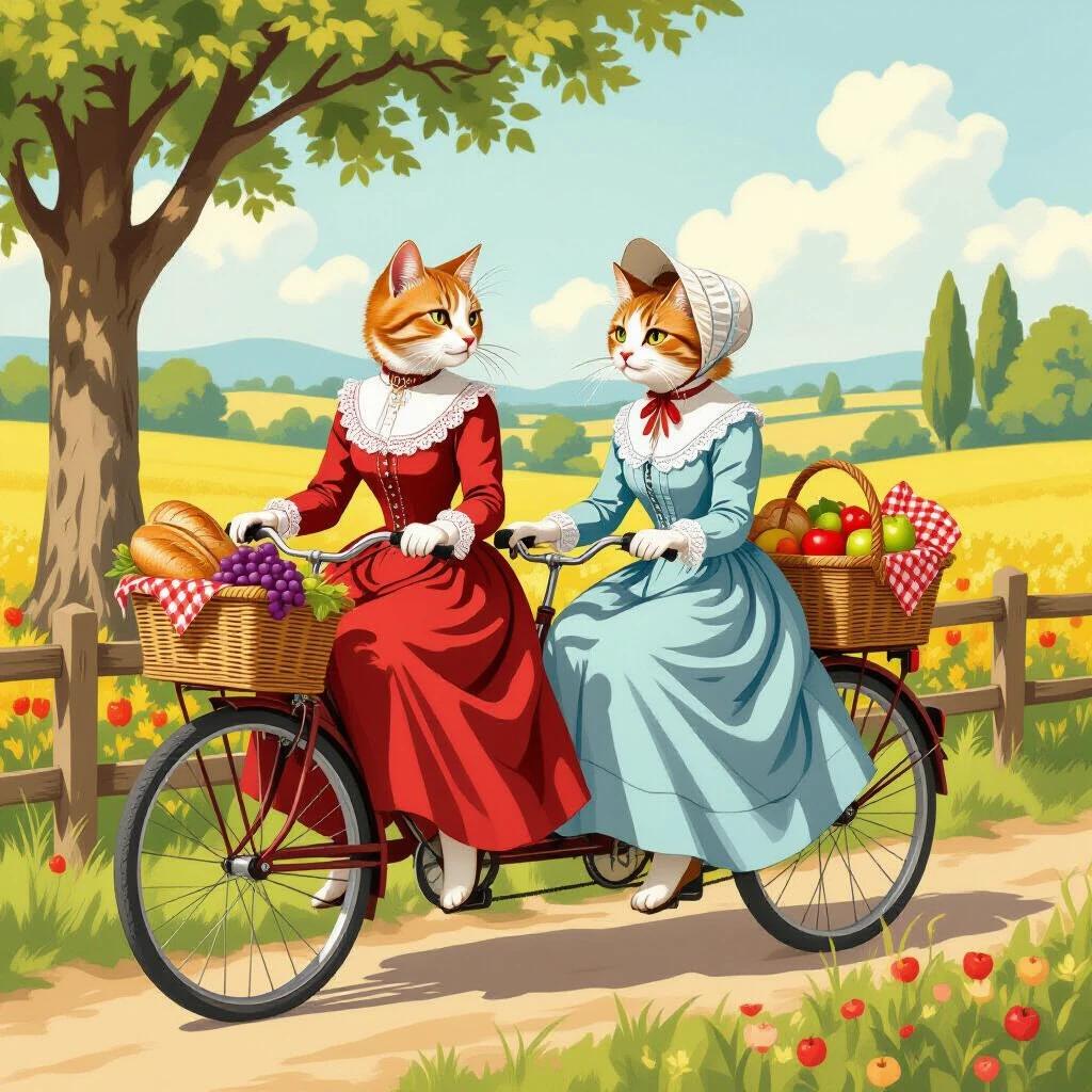 Two female cats ride a vintage bicycle. One wears a red Victorian dress. The other wears a pastel blue dress with a bonnet. Cats have orange tabby and cream fur. They ride along a tree-lined countryside path. The bicycle has a wicker picnic basket with bread and fruits. The scenery includes meadows and distant hills. The lighting is warm and soft, creating a nostalgic mood. The artwork is richly detailed with visible brushstrokes and muted earthy colors.
