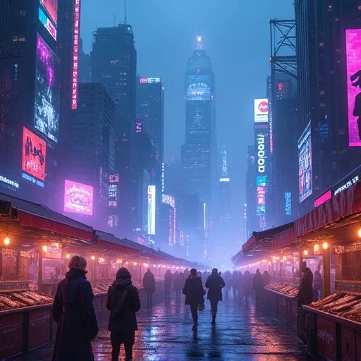A sprawling cyberpunk cityscape at night. Vibrant neon lights in electric blue pink and purple illuminate the scene. Towering skyscrapers and holographic billboards reflect off wet streets. Fog adds a mystical glow. Citizens in futuristic attire walk through bustling markets filled with tech stalls. The atmosphere is gritty and mesmerizing with high-tech and dystopian decay.