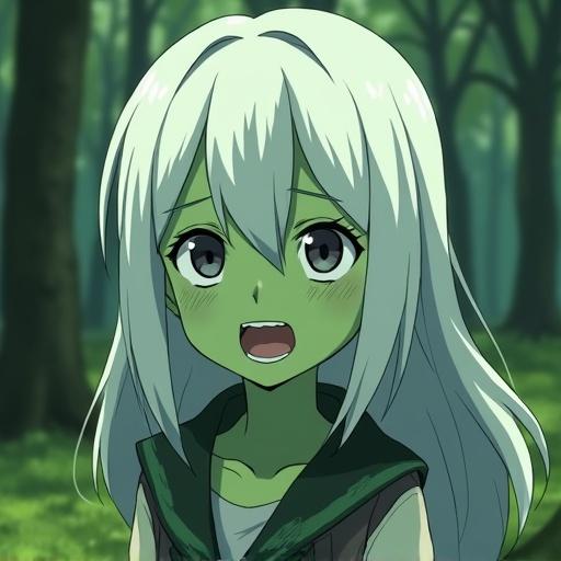 8 year old girl with green skin and white hair in a forest clearing anime style the girl is cute but has sharp teeth