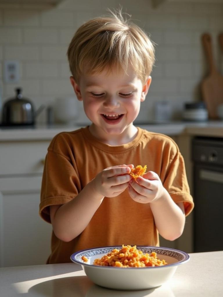 A boy is holding orange food while standing in a kitchen. The boy appears focused on the food he is holding. Light illuminates him from the side. A bowl of the same food sits on the table in front of him. The kitchen background is softly blurred.