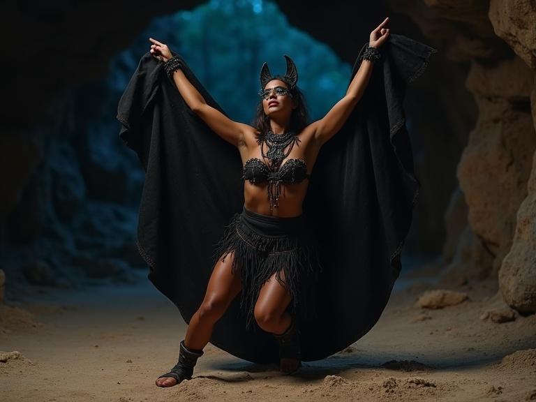 A pre-Hispanic Mayan dancer with black fabric wings poses dramatically in a Mayan cave. The dancer has dark face paint and displays a crouching posture with intensity. The scene is illuminated by moonlight or starlight, symbolizing the bat.