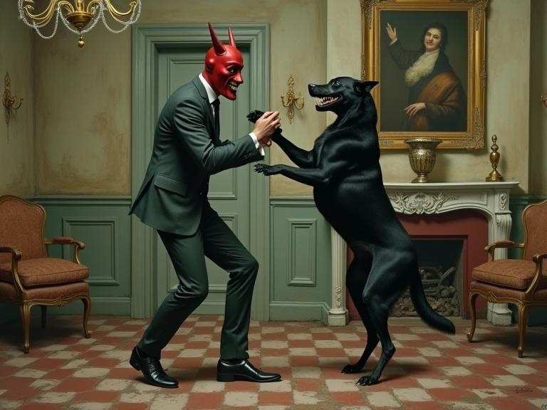 Surreal and gothic painting depicting a masked figure dancing with a black dog in a decaying interior. The figure wears a red devil mask and a dark suit while the dog stands upright with a smile. The interior features aged furniture, a checkered floor, and muted earthy colors. The lighting is soft and ambient, creating shadows. The mood is unsettling yet slightly humorous.