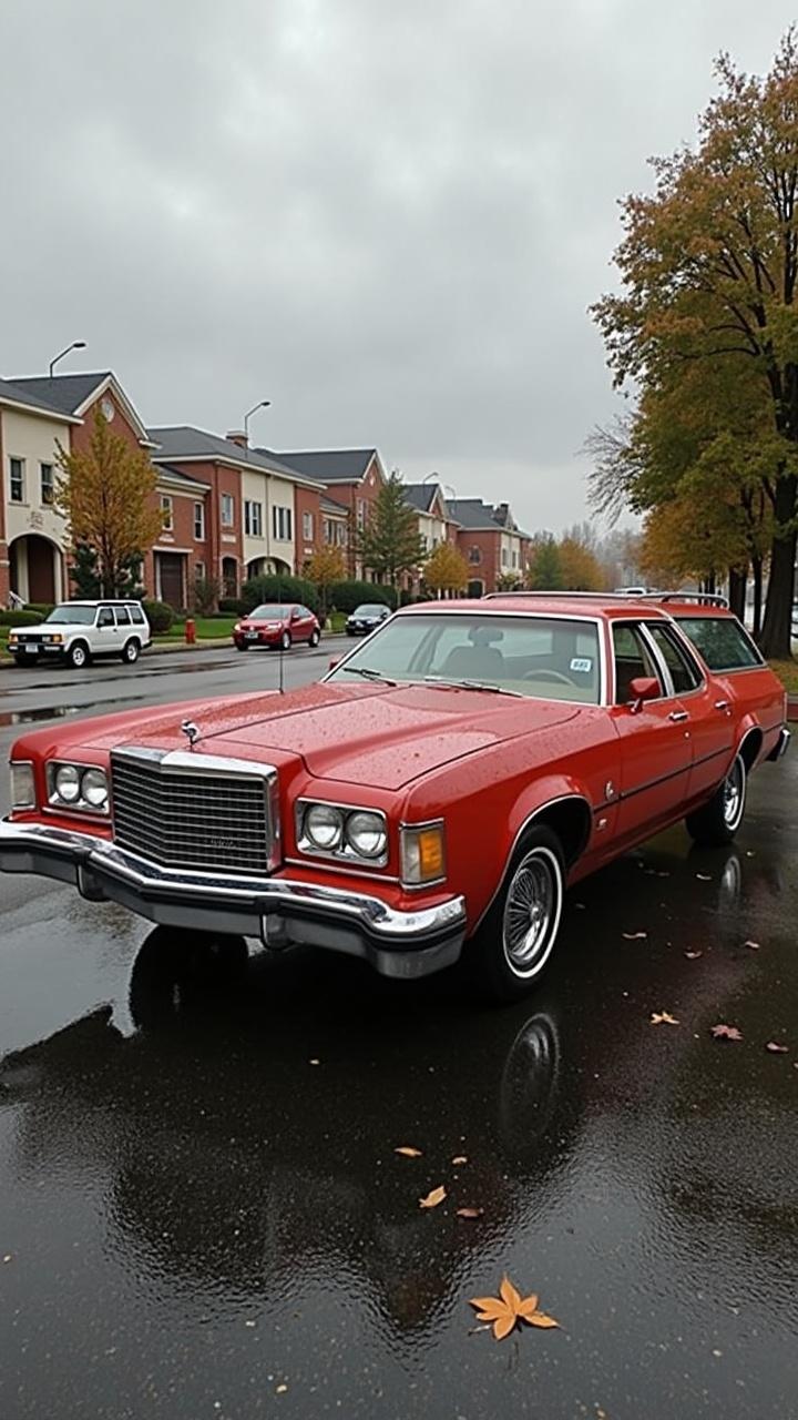 The image features a 1975 Ford Gran Torino wagon, characterized by its distinctive styling and classic features. The car is parked on a suburban street, surrounded by residential buildings. The body is painted a vibrant red color with shiny chrome accents that catch the light. The wet pavement reflects the car, adding depth to the scene. Overcast skies provide a soft lighting effect, making the details of the car stand out clearly. This vintage automobile represents a significant era in American automotive design.