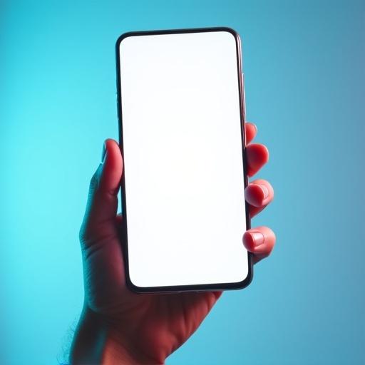 A close-up shot of a human hand holding a modern smartphone. The smartphone has a blank white screen and is held vertically. The background features a smooth blue gradient. The angle is slightly below, displaying fingers wrapped around the device. The image is high resolution with soft lighting and shallow depth of field.