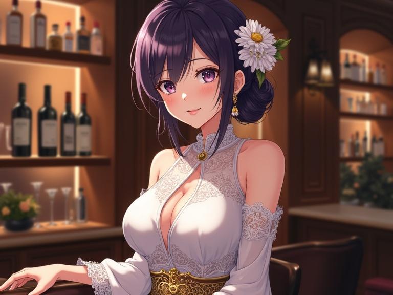Anime lady with violet hair styled up with flowers and earrings. Fair skin with blush, soft expression. Wearing elegant white high-collared dress with lace sleeves and golden belt. Cozy bar background with bottles and warm lighting.