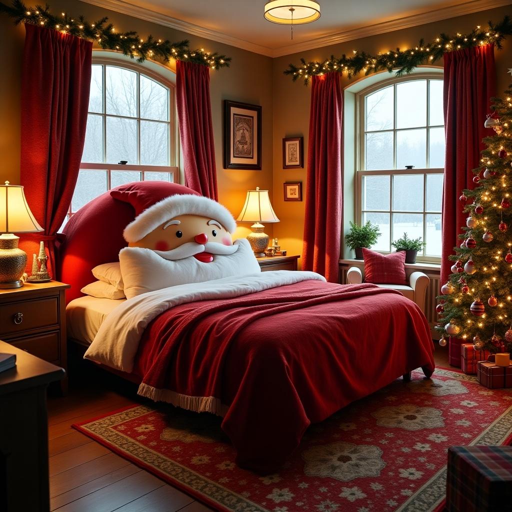 A festive bedroom features a Santa-themed bed with a large Santa face as the headboard. The room is decorated with a Christmas tree, stockings, and a warm red and white color palette. Festive accents include wrapped presents and glowing string lights. A cozy armchair with a plaid throw blanket creates a warm atmosphere. Snowy window decals enhance the winter vibe. The space evokes the magic of Christmas, creating a warm and inviting environment.