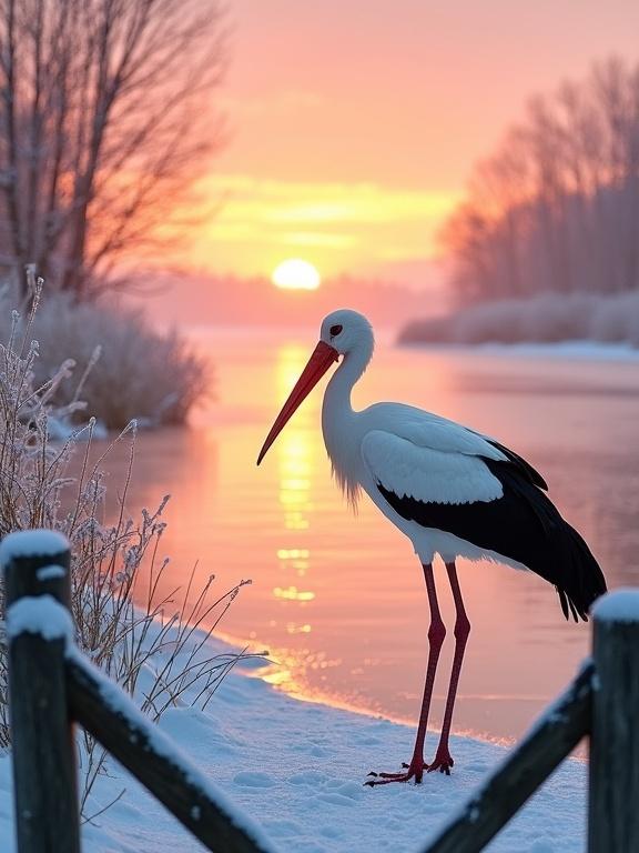 A serene winter scene features a white stork near frozen water. The stork is tall and slender with a red beak and legs. The sky displays orange and pink hues. Frosted reeds border the water. Bare trees silhouette the horizon. A snow-dusted wooden fence is in the foreground.