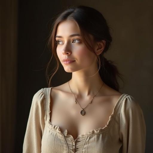 Portrait of a 25-year-old European village woman. Upper body shot features a soft smile. Hair tied back neatly. Porcelain skin. Gentle and elegant expression. Wearing a linen dress in earthy tones. Modest dress shows a refined silhouette. Natural light creates soft shadows. Highly detailed and realistic.
