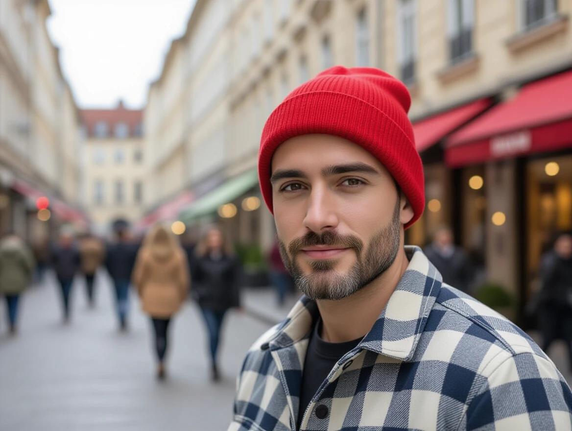 A man stands in a city street wearing a red hat.