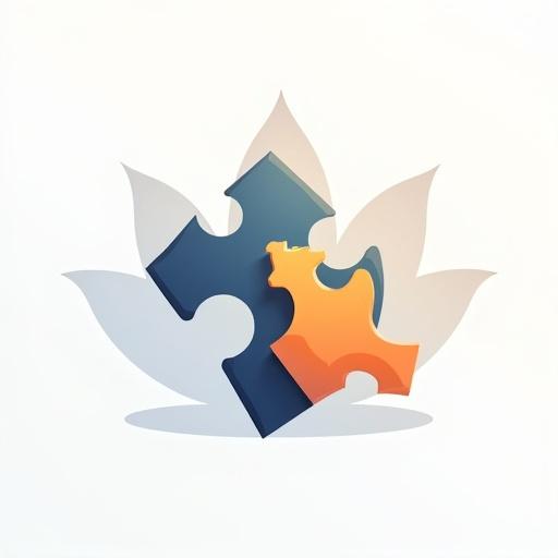 SVG icon with minimalist design. Puzzle piece integrated with chess knight. Colors are blue and orange gradients. Light gray lotus in background. Focus on scalable vector shapes. No text.