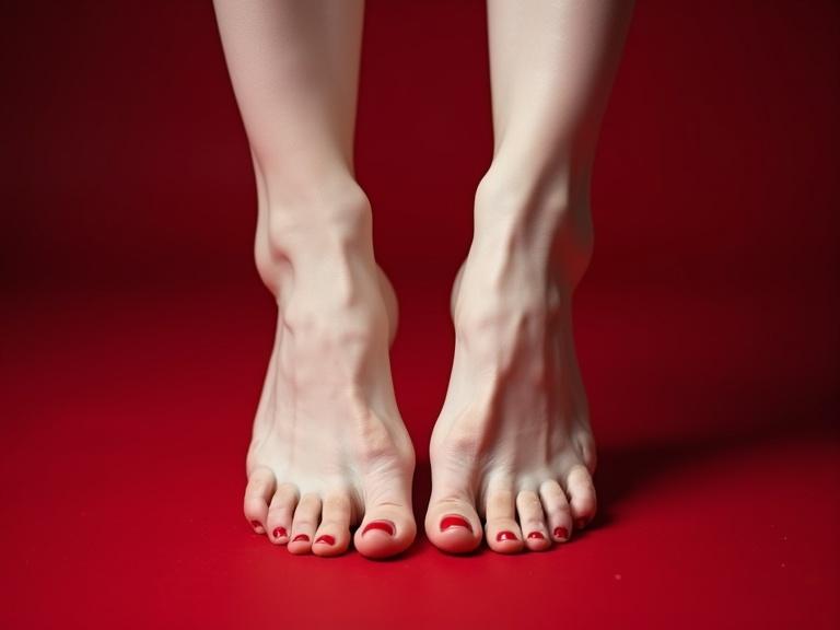 Close-up view of two ballet feet. Feet are barefoot with soft wrinkles and visible soles. Ten red toenails painted accurately. Toes pointed upward in a ballet pose. The background is red, and the feet are on a red carpet. Very high arches are visible, viewed from the bottom.