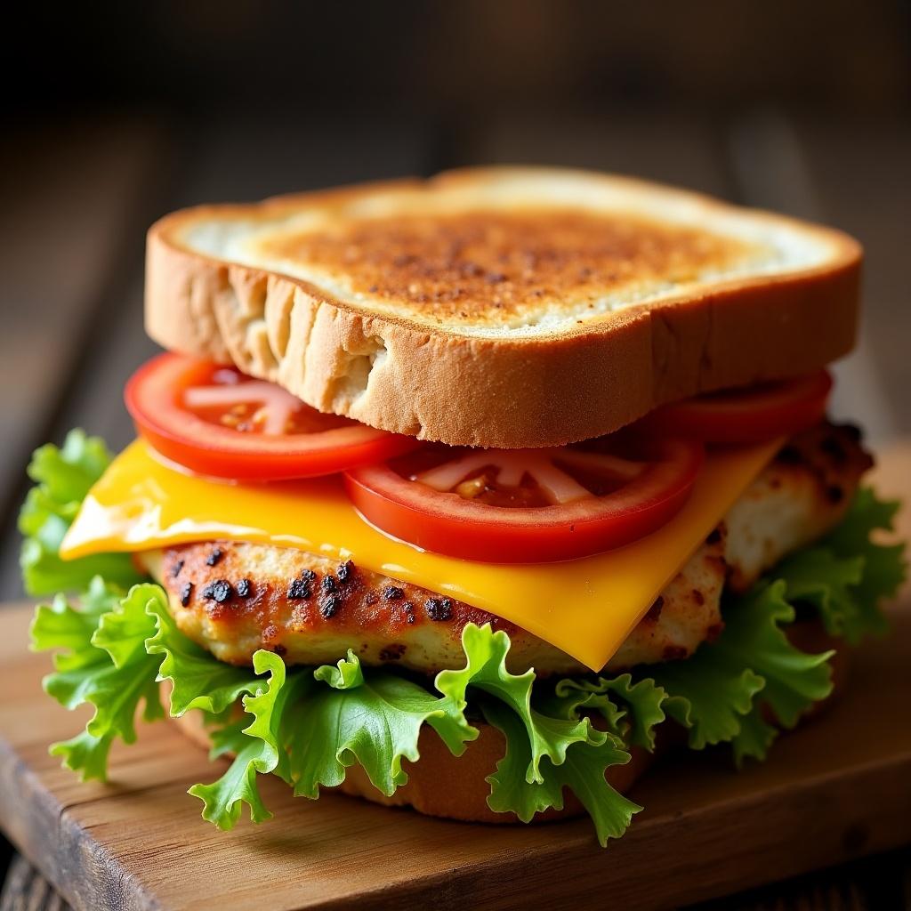 A delicious chicken and cheese toast sandwich sits on a wooden board. It features layers of fresh iceberg lettuce and slices of ripe tomato. The sandwich is toasted to golden perfection, with a slice of cheddar cheese melting. The grilled chicken fillet is juicy, making it an appealing meal choice. This close-up highlights the vibrant colors and textures, enticing anyone who loves a hearty sandwich.