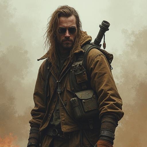 A rugged man in a post-apocalyptic setting with long hair and sunglasses. He has a worn outfit and carries survival gear. The background is dusty and atmospheric.