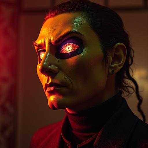 A character with glowing eyes in a dark setting. Vivid red and green colors dominate. Dramatic lighting creates an intense atmosphere. Viewpoint emphasizes engagement with the audience. Hands reaching towards the character add tension.