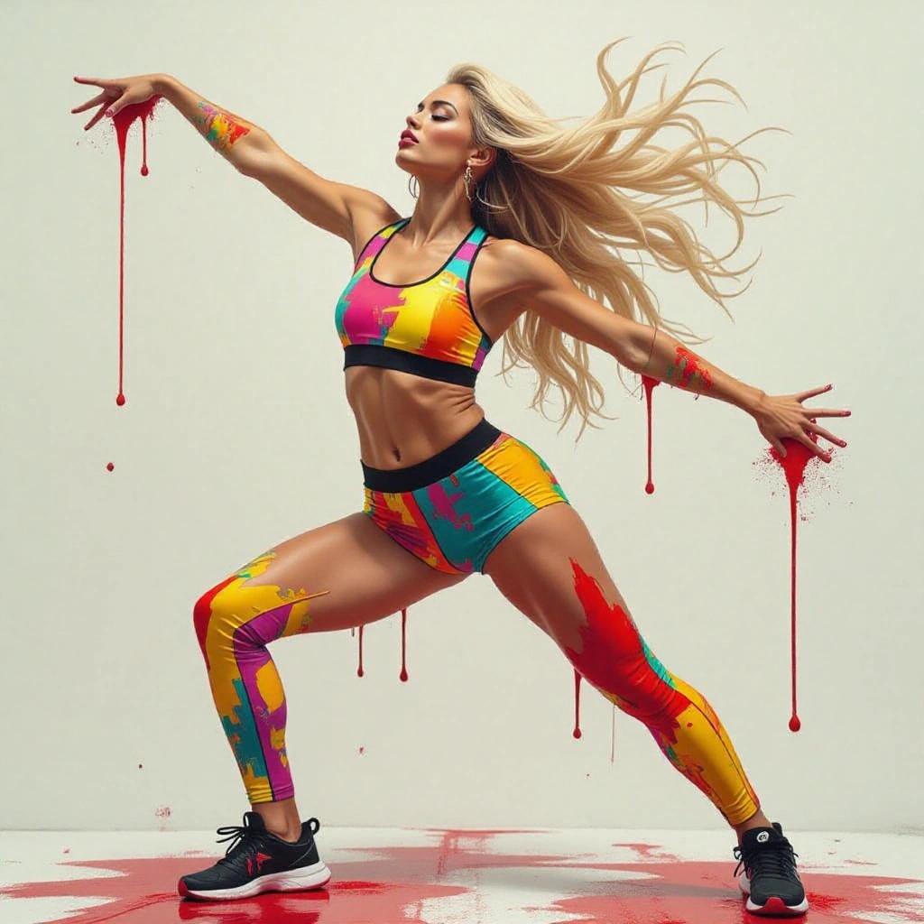 Gorgeous woman in colorful sportswear striking a dynamic pose. Blonde hair flowing down. Red paint dripping from her body. Artwork captures energy with high detail.