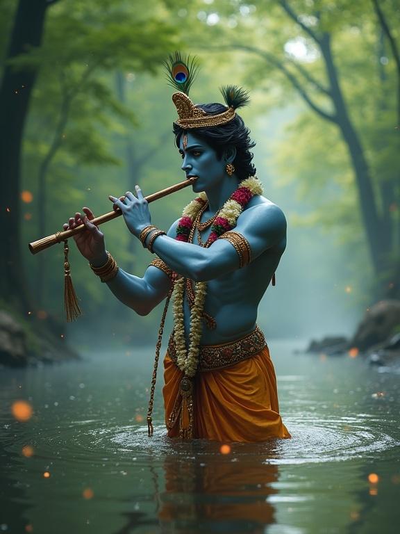 Depiction of a divine figure inspired by Lord Krishna standing in a river. Skin tone is mild sky blue. He has a muscular build. Wearing peacock feather crown and jewelry. Playing a flute with grace. Surrounded by a forest with mist and fireflies creating a mystical atmosphere.