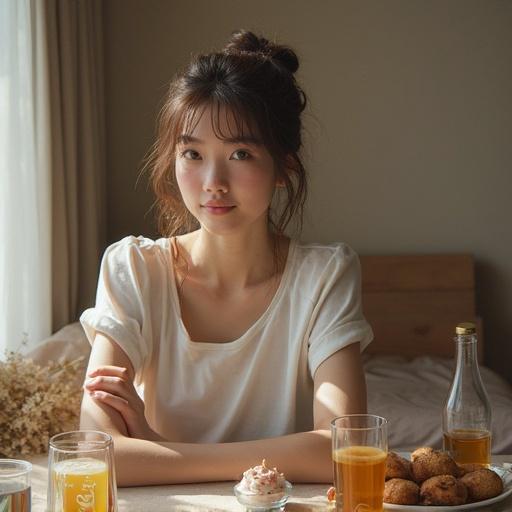 Japanese woman sitting at a room table relaxing and enjoying a serene moment. Cozy atmosphere with drinks and snacks on the table. Natural light filtering through a window.