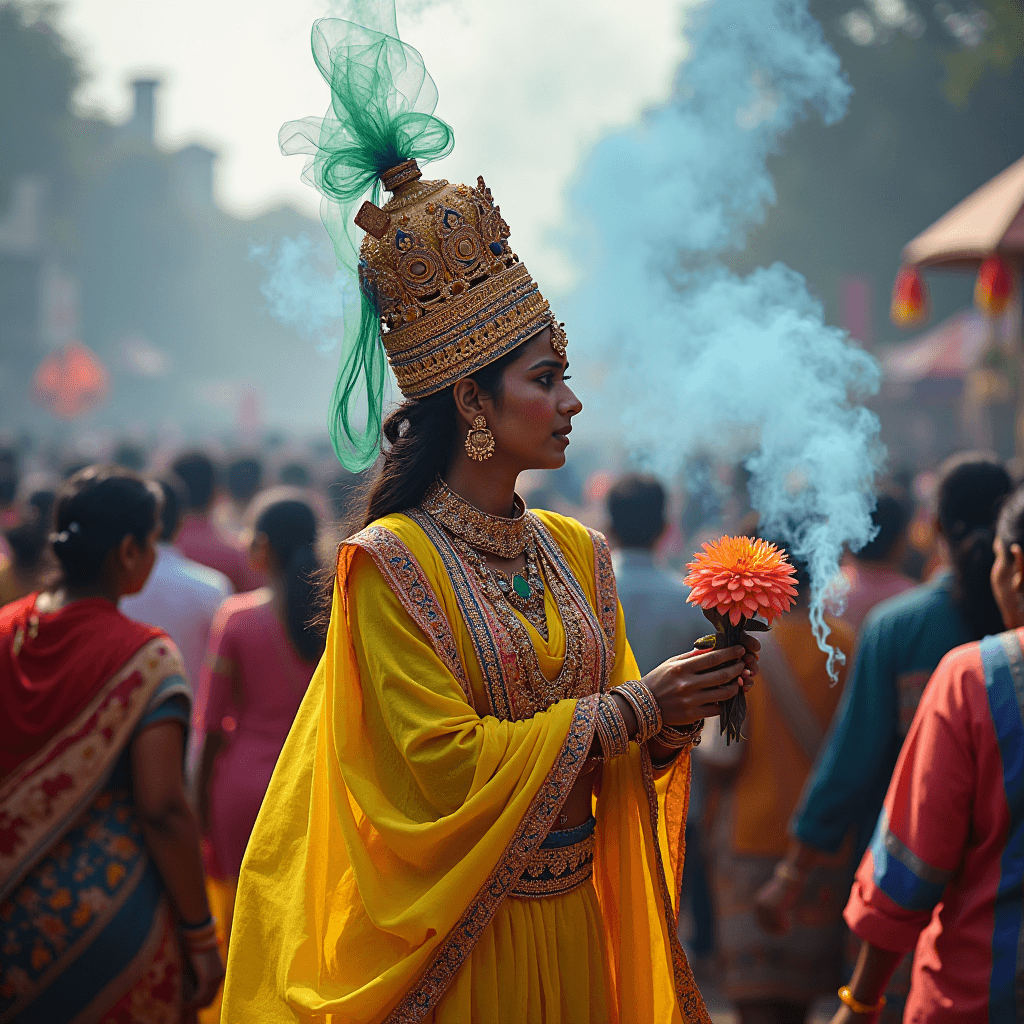 A woman in ornate attire holds a flower amidst a vibrant traditional festival.