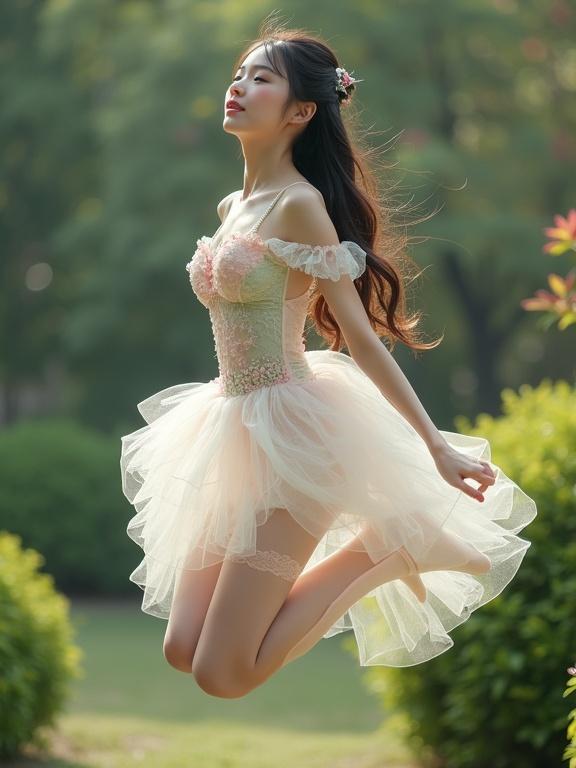 Full body shot of a young Chinese lady in a pastel-colored transparent outfit. She jumps high in an outdoor garden surrounded by greenery. The outfit has a sweetheart neckline and off-the-shoulder design adorned with delicate lace. The ensemble features shades of pink, cream, and mint green with a white underskirt giving a vintage fairytale vibe. Her long hair is tied with pale pink stockings and garter belts. The scene is bathed in soft, natural light enhancing the lace details of her outfit.