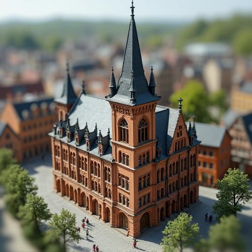 Close-up photograph of a highly detailed architectural model. Features a European Rathaus or town hall. Style is German Gothic with an intricate facade. Includes a clock tower surrounded by miniature trees and figures in the foreground. Uses shallow depth of field and tilt-shift effect.