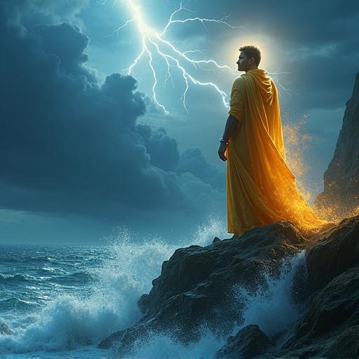 Majestic deity draped in flowing robes of gold azure. Standing on rocky cliff. Overlooking turbulent sea. Sky heavy with dark clouds. Illuminated by lightning. Deity turns away with serene expression. Eyes radiate compassion. Ethereal light creates halo. Waves crash against rocks. Symbolizes turmoil below. Soft glimmers dance on water. Scene evokes divine detachment and healing.