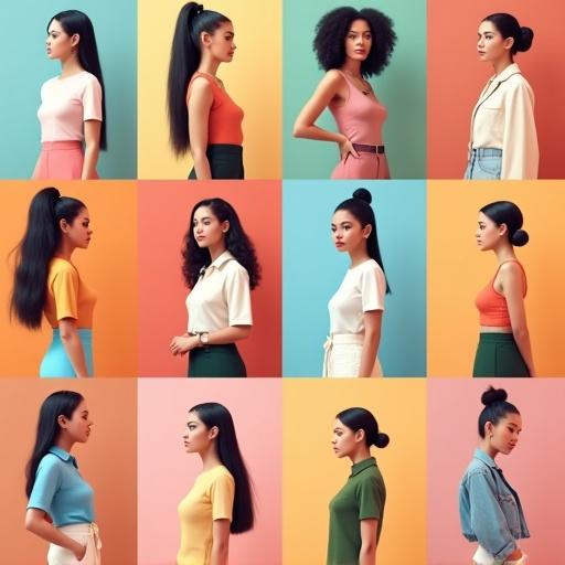 Collage grid of 12 fashionable characters in a minimalist 3D art style. Each character posed confidently with unique hairstyles and outfits. Solid bold background colors chosen to enhance the characters. Cropped for profile picture use in modern UI.
