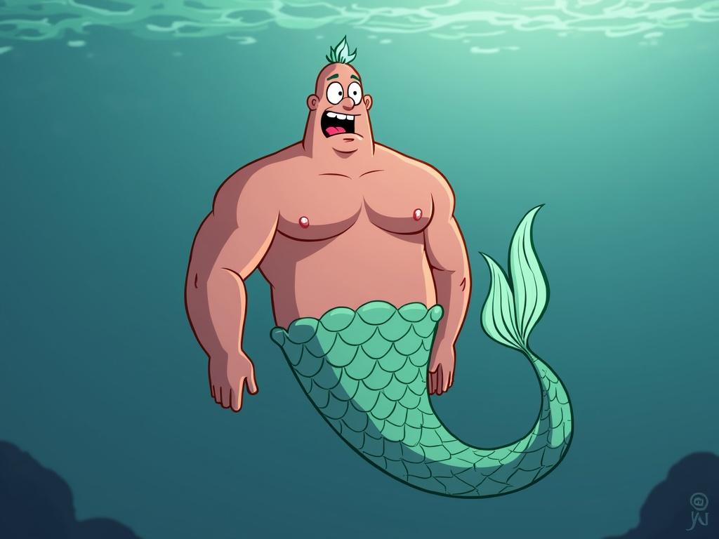 A muscular male mermaid character with a fin and cheerful expression underwater