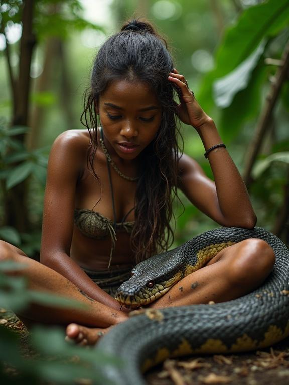 Below view of young woman in the rainforest. She is sitting beside a snake. She has a tanned skin and looks joyful. Her body is covered in sweat and dirt. Her hair is long and messy. She is wearing a tattered loincloth. Her hand is behind her head. The snake is big and has slimy skin with an open mouth. They are looking at each other.