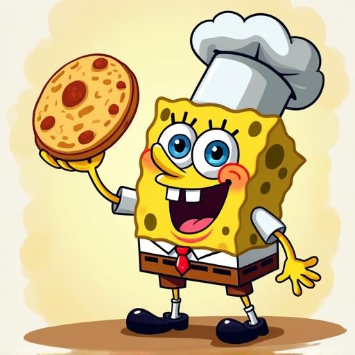 Cartoon character with a chef hat and apron. Character holding a cookie. Character is cheerful and dynamic.