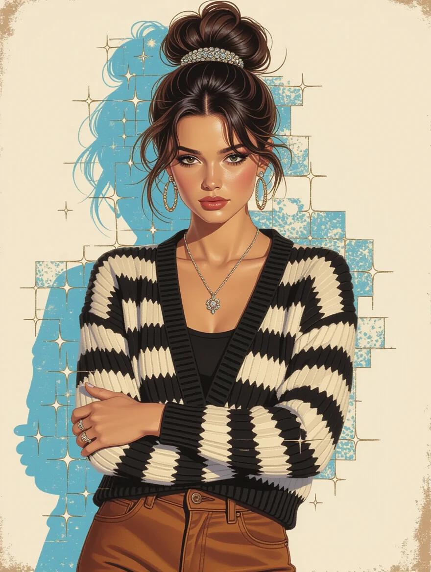 Portrait of a woman with hair in a bejeweled bun. She wears brown pants and a black and white striped cardigan. The background has an abstract glitched effect inspired by 80's European art. The atmosphere feels both futuristic and magical. Semi-abstract design with intricate details and a mix of media touches. Bright colors create contrast and highlight the subject's sad expression.