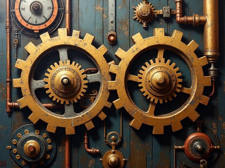 Detailed 3D rendering of large rotating gears in a steampunk workshop surrounded by brass and copper machinery. A mix of vintage industrial elements. High resolution and layered composition. Dark colors with textured materials.