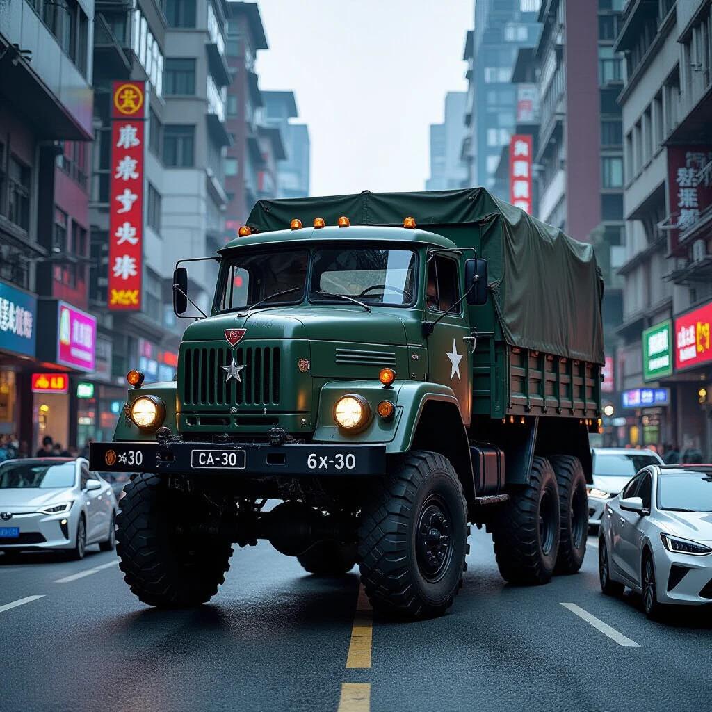 A massive Jiefang CA-30 6x6 truck dominates modern Chinese city traffic. This truck is surrounded by neon signs and futuristic electric cars in a narrow Shanghai or Beijing street. The truck has rust patches on its green paint and an oversized design. Diesel smoke contrasts with the clean city air. The golden hour creates dramatic side lighting that highlights various textures and reflections. The image captures a nostalgic mood of a diesel dinosaur ruling digital streets with a low angle shot and a blurred background.