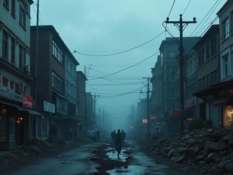 Cinematic dark scene showcasing destruction from an earthquake. Town appears cloudy with a split ground. Buildings show signs of damage. People are seen walking through the debris along the street. Powerlines and traffic signs are visible.