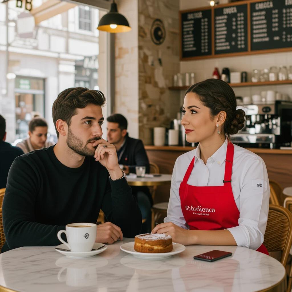 A man about 26 years old sitting at a café table in Madrid. He has a coffee cup in front of him and a plate with cake. He is looking up at a waitress. She is wearing a red uniform and an apron. She has a notepad and pen. She seems Spanish.