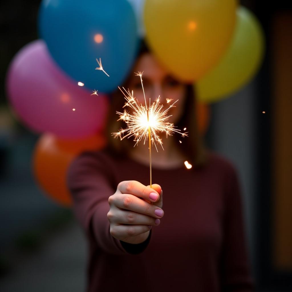 In the image, a person is joyfully holding a lit sparkler while surrounded by colorful balloons. The background features balloons in vibrant colors like yellow, blue, pink, and orange, creating a festive atmosphere. The person's face is intentionally blurred, emphasizing the sparkler's bright light. This moment captures the essence of celebration and happiness. The soft ambient lighting enhances the sparkler's glow, making it appear particularly enchanting.