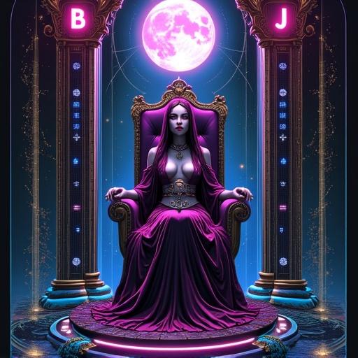 Cyberpunk tarot card featuring The High Priestess. A female oracle sits on a data-stream throne. Two cyber-pillars labeled B and J are in the background. Glowing neon accents create a techno-mystical atmosphere. Sacred codes and symbols are floating in the air. Moonlight reflects on her visor. Ornate frame enhances the futuristic look.