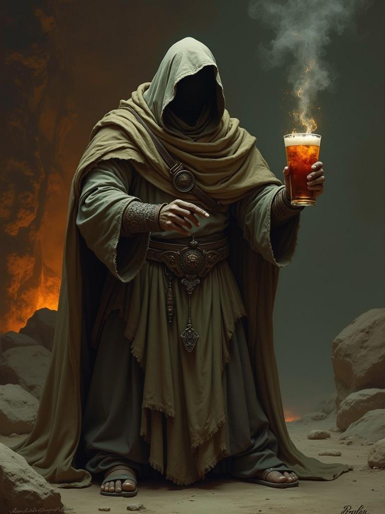 A cloaked figure stands with a drink surrounded by smoky and dramatic scenery. The figure's face is hidden. The drink emits steam, suggesting it is hot. The background has hints of orange and brown, adding to the mystical vibe.